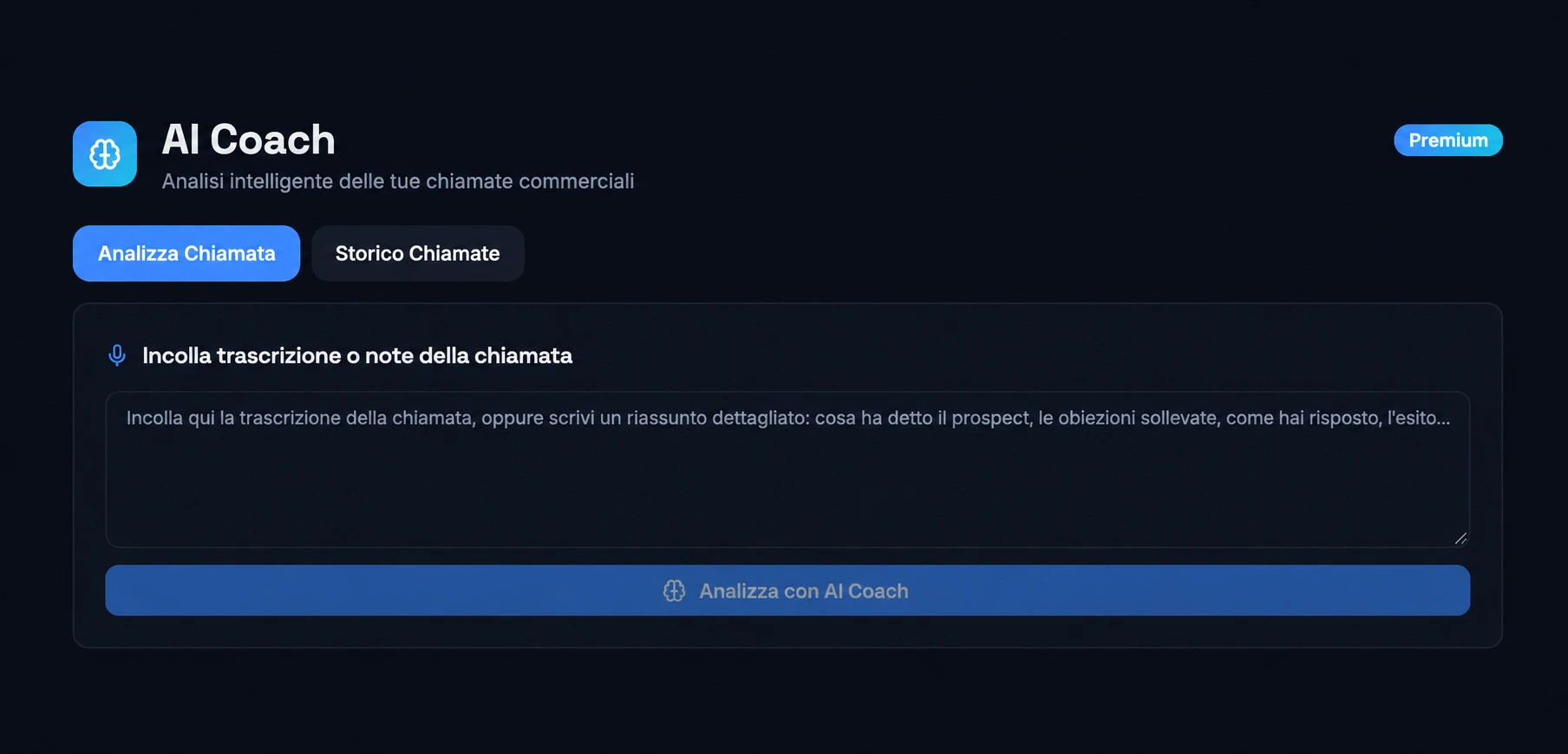 Schermata AI Coach di DealPro con campo di testo e schede Analizza Chiamata e Storico Chiamate