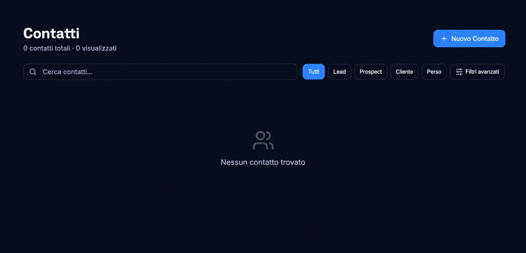 Schermata Contatti di ScalePro con ricerca e filtri per lead, prospect, clienti e persi
